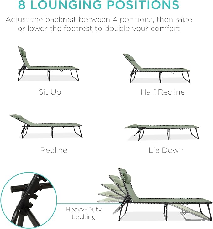 Best Choice Products Extra Wide Patio Chaise Lounge Chair, Portable Outdoor Folding Recliner for Lawn, w/ 8 Positions, Handles, 440lb Capacity - Sage Green