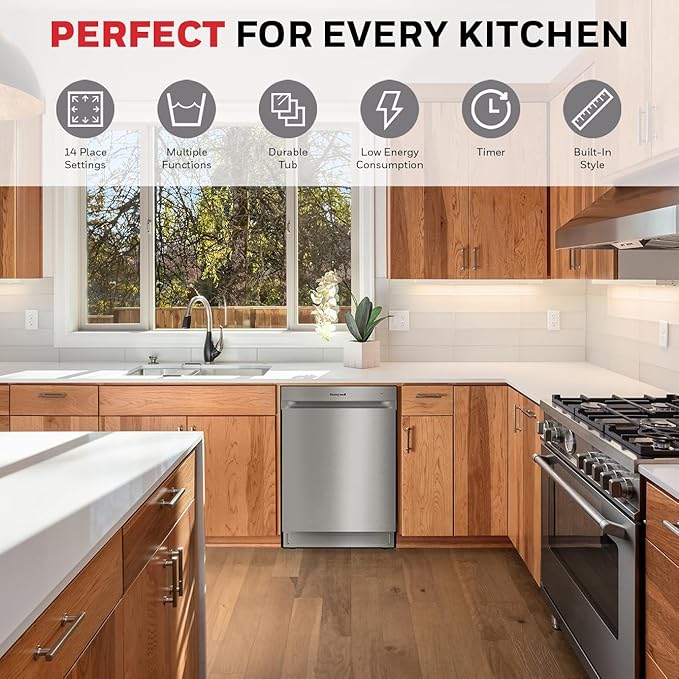 Honeywell 24 Inch Dishwasher with 12 Place settings, 7 Washing Cycles, Stainless Steel and Plastic Tub, UL/Energy Star- Stainless Steel