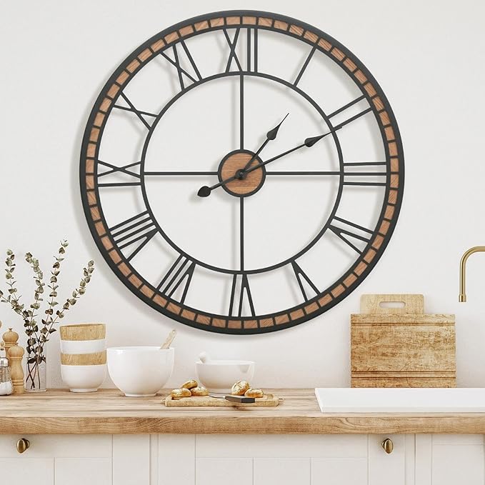 Micasso Large Farmhouse Wall Clock: 24 inch Modern Metal Black
