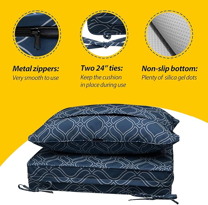 AAAAAcessories Outdoor Seat Cushions for Chairs, Fade-Resistant, Waterproof Patio Furniture Replacement Cushions, 21" x 19" x 3" + 21" x 19", Slate Blue Vine Trellis