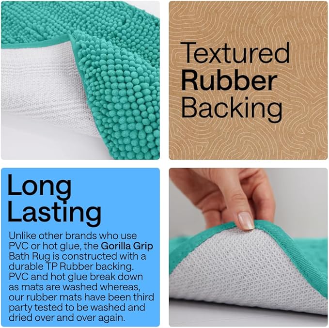 GORILLA GRIP Bath Rug Mat 60x24, Thick Soft Absorbent Chenille, Quick Dry Microfiber Mats, Rubber Backing Machine Washable Shower Floor Rugs, Bathmat Runner, Bathroom Home Decor Accessories, Turquoise
