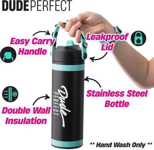 Dude Perfect Water Bottle - Stainless Steel Double Wall Insulation | Leak-Proof Flex Straw Lid | 24 oz Black