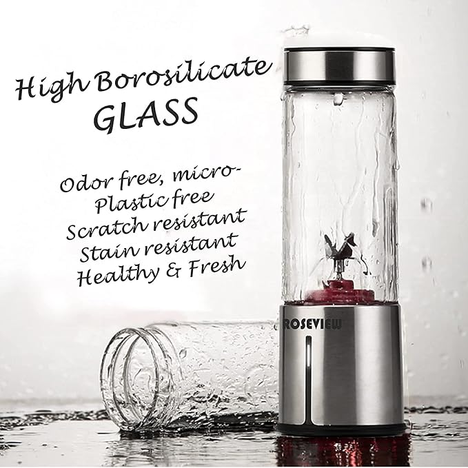Portable Smoothie blender ROSEVIEW Glass bottle USB rechargeable mini Handheld Ice Shakes Cup 2 speed blend juicer Cordless Personal smoothies maker Fruit mixer (Stainless)