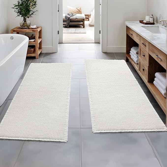 MIULEE Set of 2 Waffle Bathroom Runner Rugs, Boho Bath Rugs Non Slip Washable, Super Absorbent Runner Bath Mats, Rubber Backed Shower Mats for Hallway Bedroom Laundry Room, White, 2'x6'(24x72 Inch)