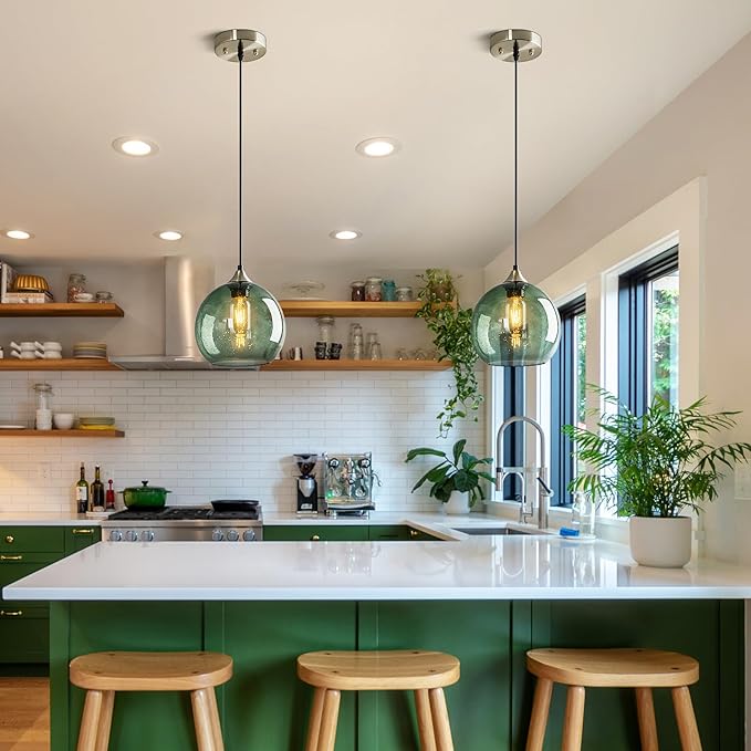 Gray Green Glass Pendant Lights Kitchen Island Lighting Globe Pendant Light Fixtures Modern Pendant Lighting for Kitchen Island Bedroom Living Dining Room Light Fixture(7.87in, 1-Pack)