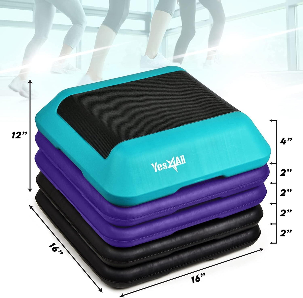 Yes4All 16"x16" Adjustable High Step Aerobic Platform with 4 Risers, Height-Adjustable 4"-6''-8''-10''-12" Step Aerobics Platform for Home Gym Exercise Fitness Workout