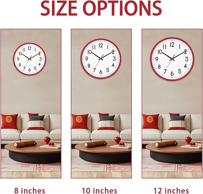 HZDHCLH Wall Clock Red, Silent Wall Clocks Battery Operated 10 Inch Modern Non