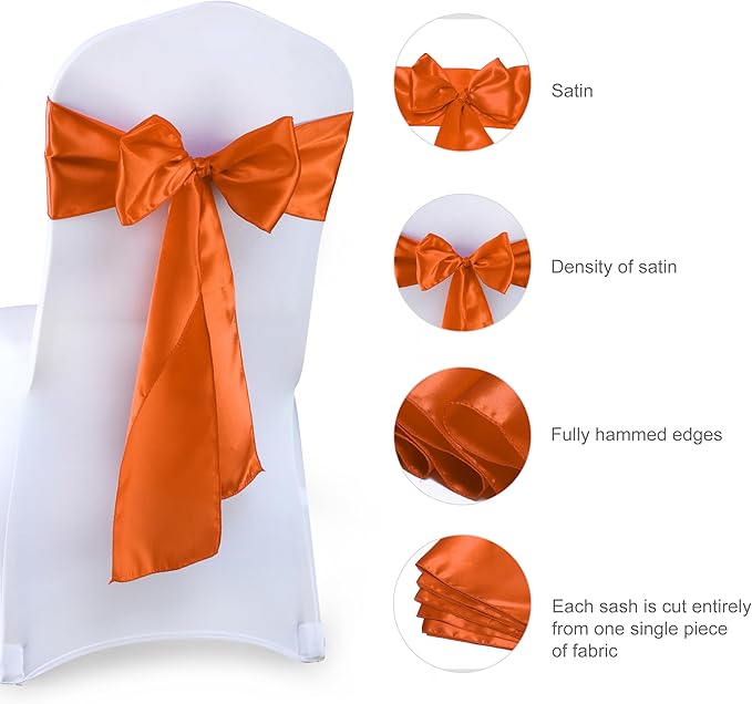 VDS Satin Chair Sashes Chair Cover Back Tie Sateen Bows Ribbon for Wedding Birthday Graduation Engagement Ceremony Event Party Banquet Venue Hotel All Dining Chair Decoration (150PC) (Brunt Orange)