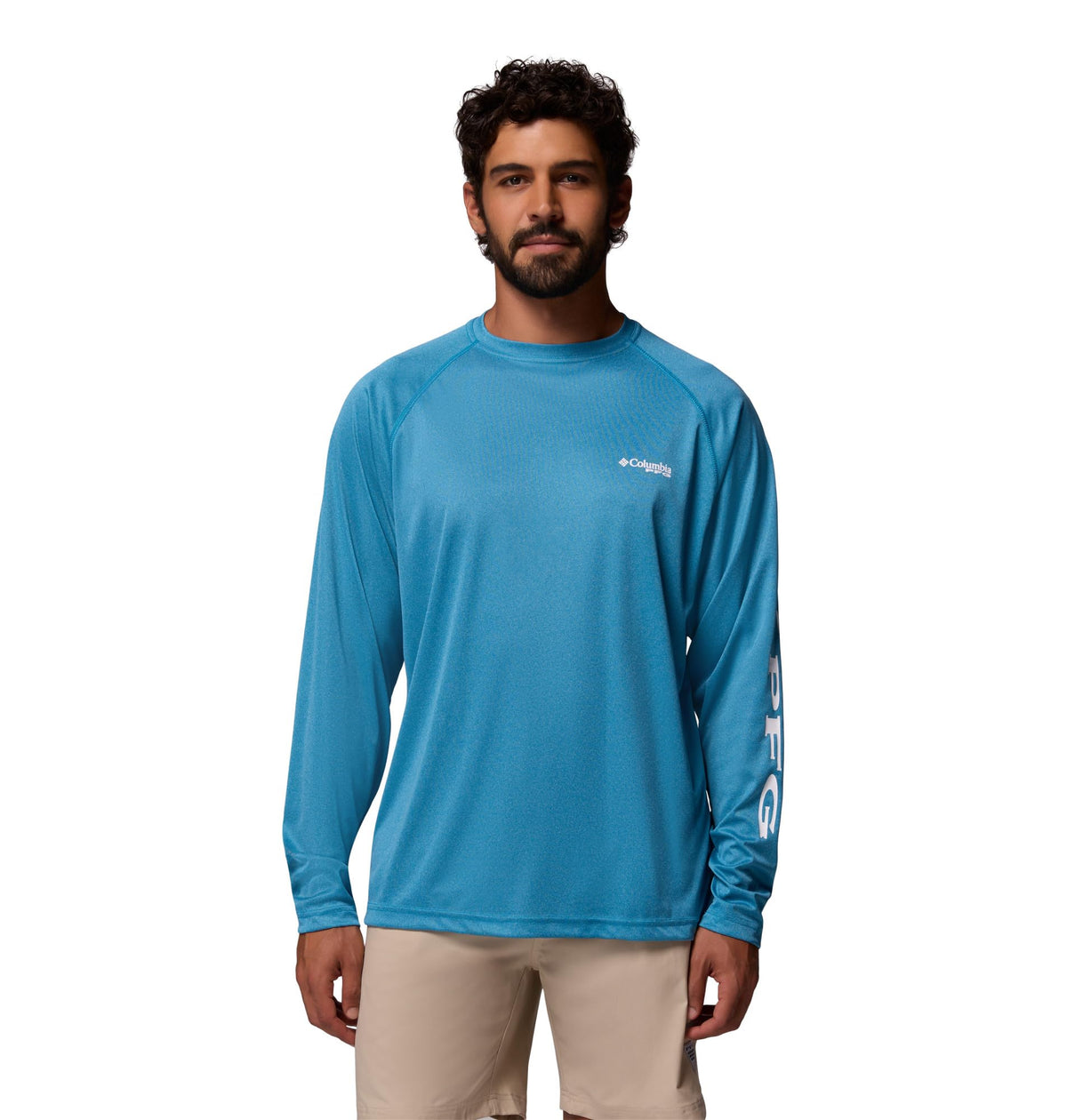 Columbia Men's PFG Terminal Tackle Long Sleeve Fishing Shirt, Blue Echo Heather/White Logo, 2X