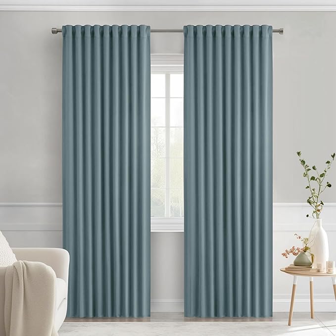 MIULEE Greyish Blue Back Tab Blackout Curtains 72 Inches Long 2 Panels Set