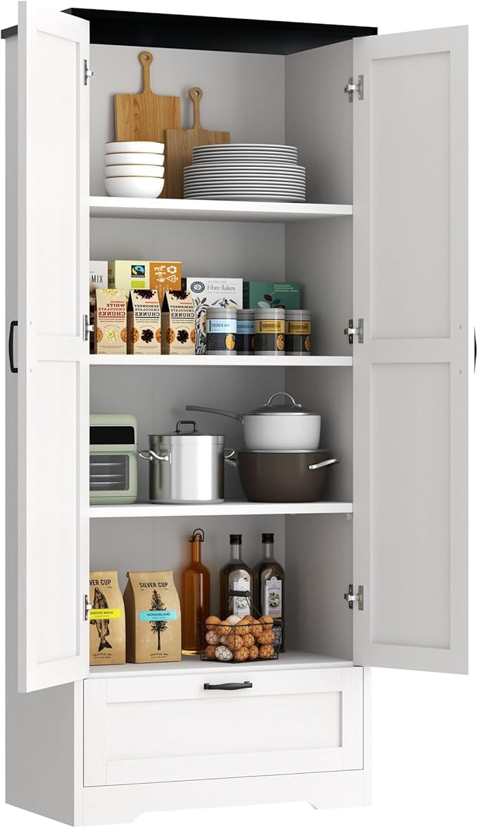 Vongrasig Kitchen Pantry Storage Cabinet with Barn Doors, Drawer and Adjustable Shelves, 4-Tier Tall Rustic Wood Cupboard Locker for Kitchen, Dining Room, Living Room, Bathroom, (White)