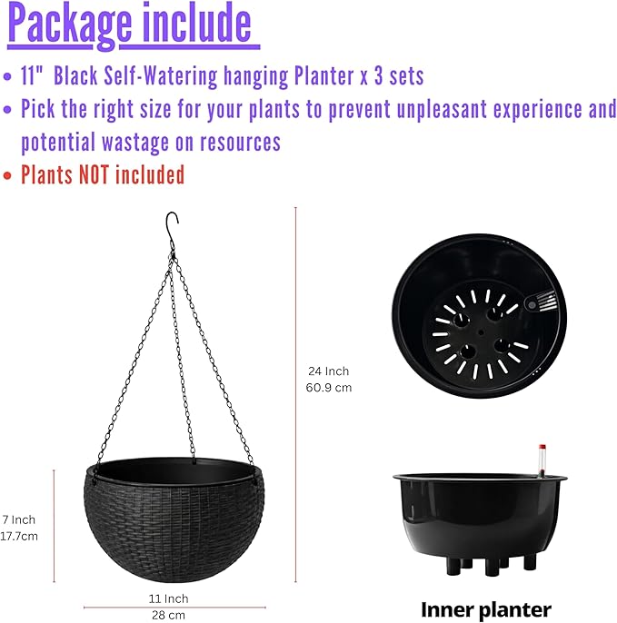 LaLaGreen Hanging Planters for Indoor Plants (11 Inch, 3 Pack) Self-Watering Round Rattan Style Hanging Flower Pots with Water Level Indicator, Black Metal Chain Baskets for Porch Garden Balcony Decor