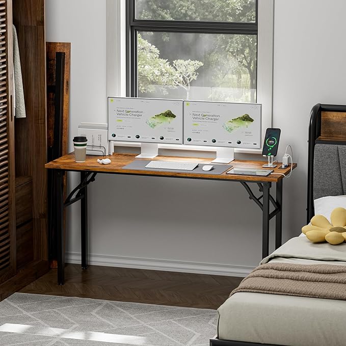 TEMI Long Computer Desk Folding Table - No Assembly, Compact 55" Foldable Desk with Power Outlets & USB Charging Port, Portable Lagre Office Desk, Ideal Large Study Table for Narrow Spaces, Brown