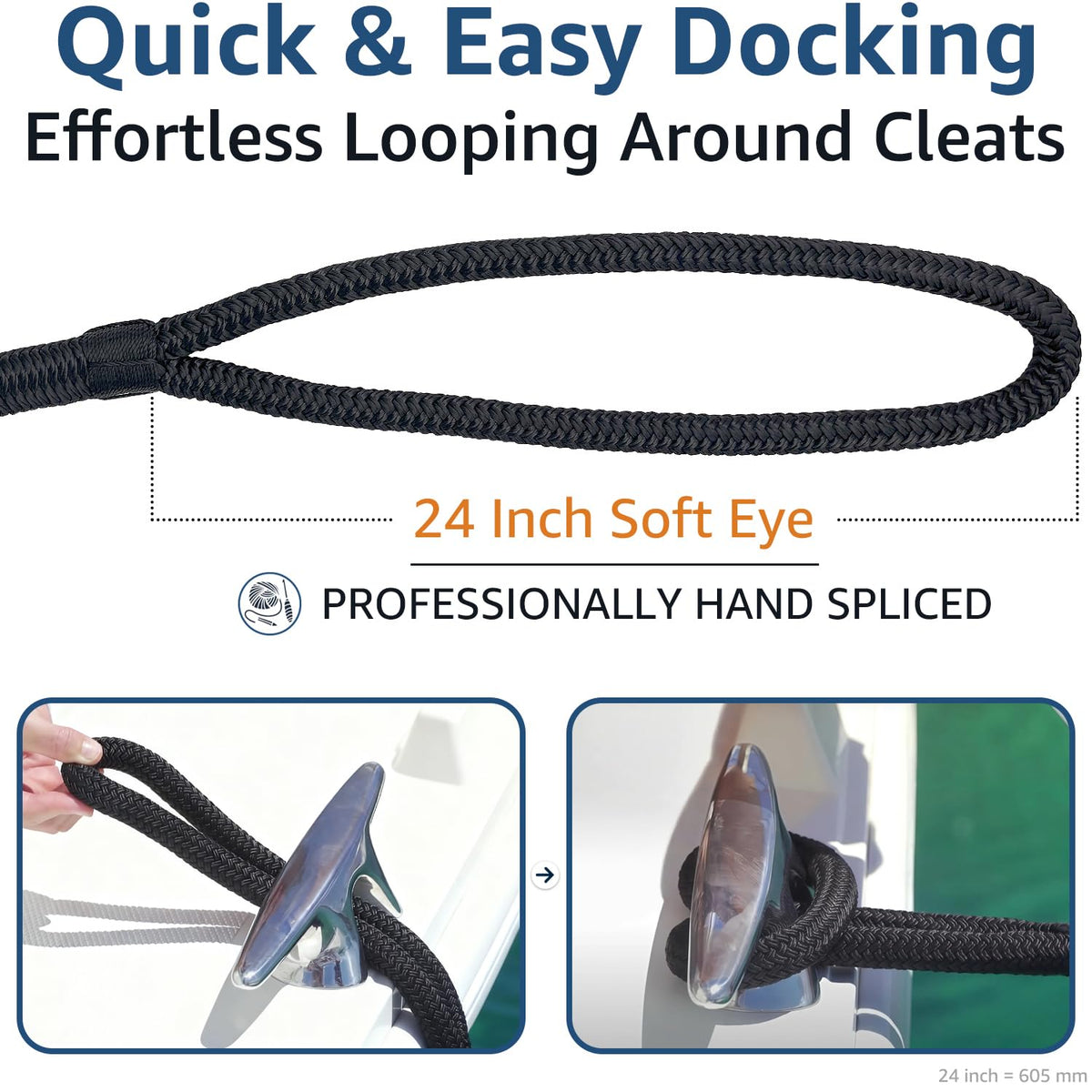 PACTHSD 2 Pack 1" x 35' Dock Lines - Marine Grade Nylon Boat Rope with 24" Loop for Docking and Mooring - Double Braided Boat Lines, High Strength, Heavy Duty, Easy Handling, Fray Resistant - Black