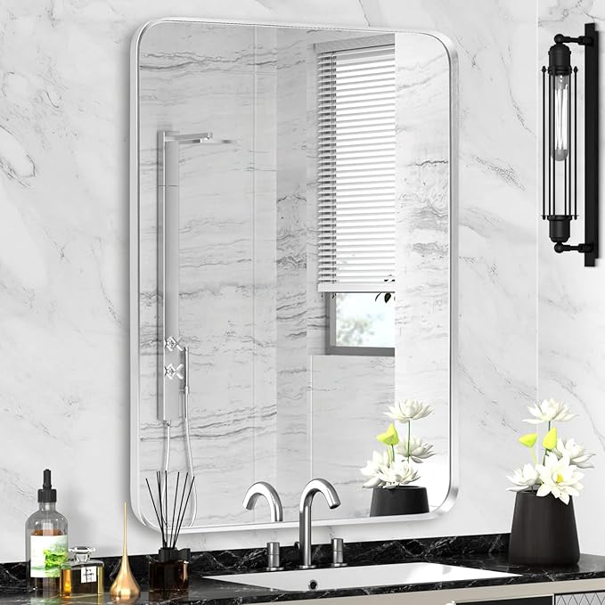 Wall Mount Mirror for Bathroom, Brushed Silver Metal Framed Rounded Corner