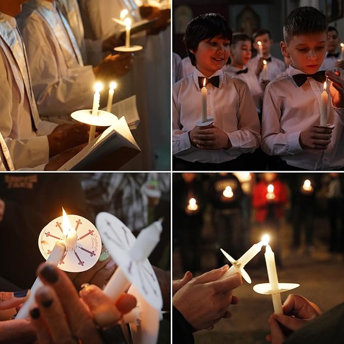 200 White Taper Candles with Drip Protectors Smokeless and Unscented 4.7'' H X 0.47'' D- Handheld Drip Guard,Church for Prayers, Vigil,Memorial Services, Religion,Shabbat, Prayer Candles