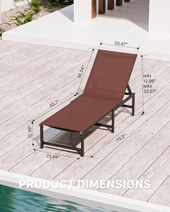 Patio Lounge Chair, Aluminum, 5 Adjustable Backrest,2 Piece,Brown | Lightweight rustproof aluminum.5 adjustable backrest positions.Breathable quick-dry fabric.For poolside,beach,lawn,backyard.