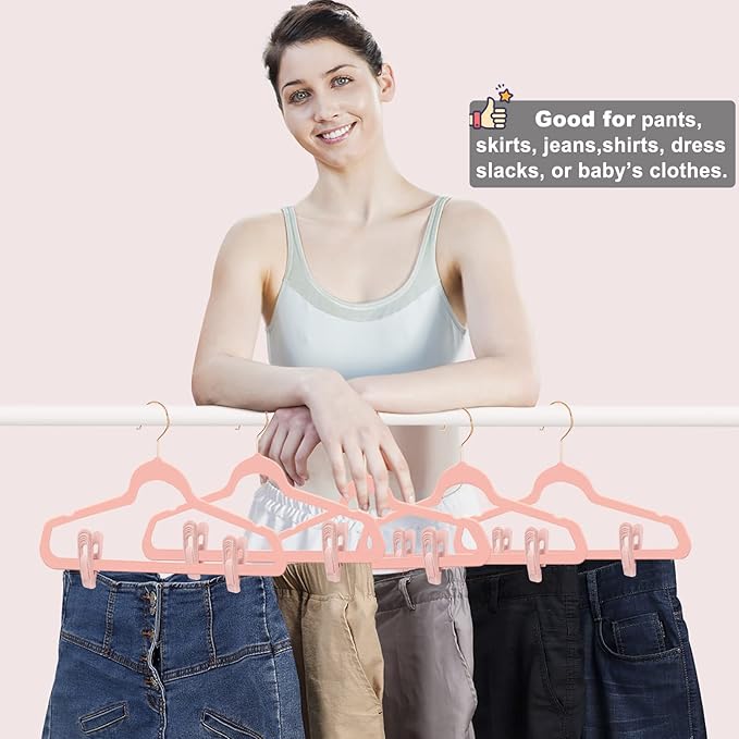 Light Pink Velvet Hangers (80-Pack), Non-Slip Strong Hanger Clips for Velvet Skirts & Pants