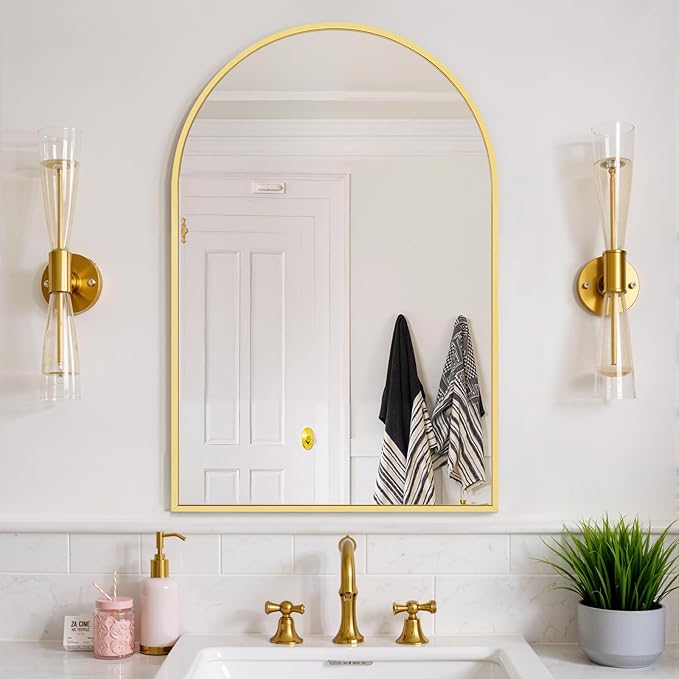 Bathroom Mirror for Wall, 36x24 Inch Arched Mirror, Matte Gold Metal Framed