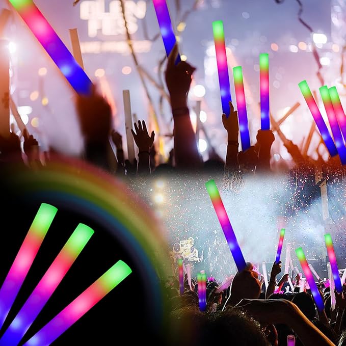 Glow Sticks Bulk, 52 Pcs LED Foam Sticks Light Up Batons Party Favors with 3 Modes Colorful Flashing, Glow in the Dark Party Supplies for Party Wedding Birthday Concert Halloween Christmas