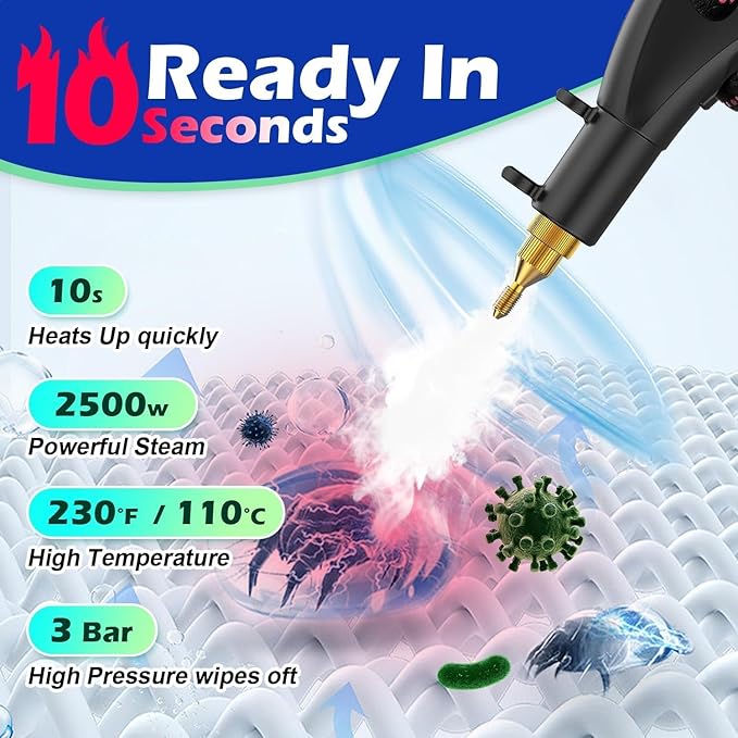 Steam Cleaner,2500W High Temperature High Pressure Steam Cleaner with 3 Brush Heads, Portable Steam Cleaners with 1.5L Tank For Car Detailing Kitchen Bathroom Floors(White)