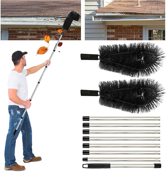 Gutter Cleaning Brush Extendable Guard Cleaner Tool with 8 Pcs Telescoping Handle Extension Pole 10ft, Gutter Cleaning Tools from The Ground for Easy Removing Leaves Debris Window Cleaner (Black)