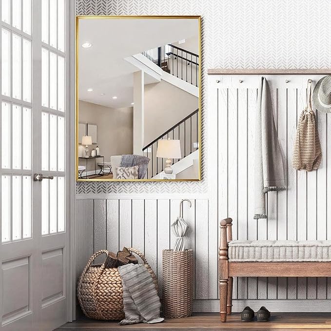 55x30 Inch Gold Bathroom Mirrors for Over Sink, Aluminum Metal Framed Mirror, Large Mirror,Wall-Mounted Rectangle Mirrors, Tempered Glass, High Definition, Horizontal/Vertical