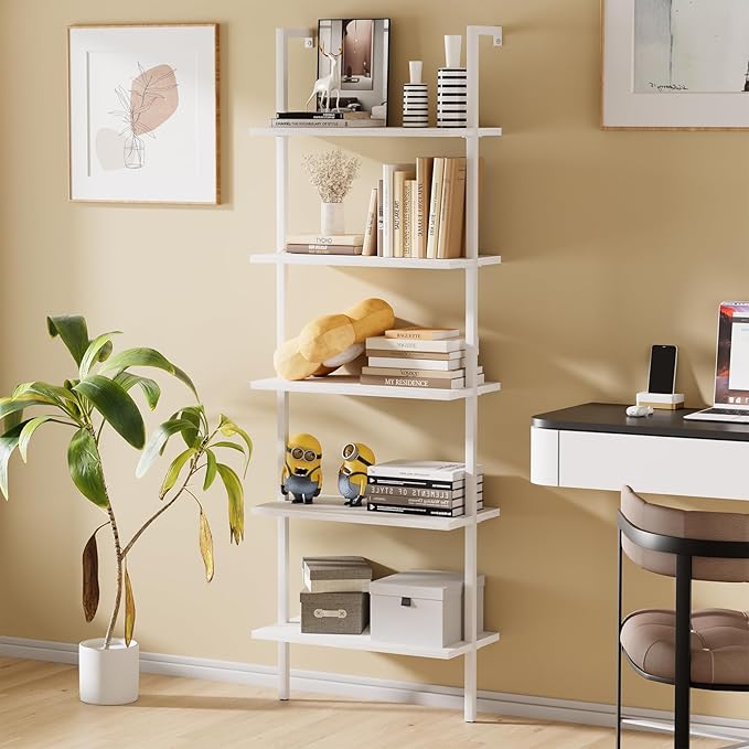 aboxoo Ladder Shelf 2 PCS White Bookshelf 5-Tier Wooden Open Shelf Wall-Mounted