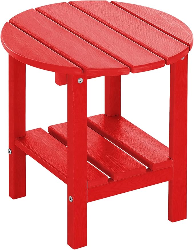 Outdoor Side Table Round - Patio Side Tables - HDPE Small Outdoor End Table for Backyard Pool Porch Balcony - Double Layer Storage - Red (Wood Grain Finish)