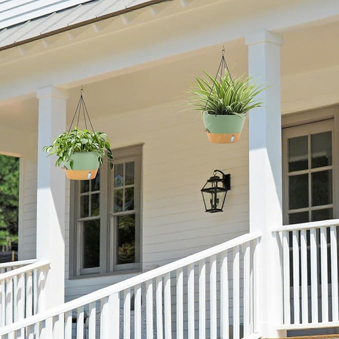 ZMTECH 2 Pack 12 Inch Hanging Planters for Indoor Plants, Large Green Self Watering Hanging Planter with Visible Water Level & Removable Tray, Decorative Flower Pots for Outdoor Garden