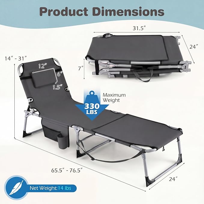 Giantex Tanning Chair, 330Lbs Patio Lounge Chair with 5 Adjustable Position, Face & Arm Hole, Hand/Shoulder Strap, Removable Pillow, Side Pocket, Chaise Lounger for Beach Sunbathing Outdoor, Grey