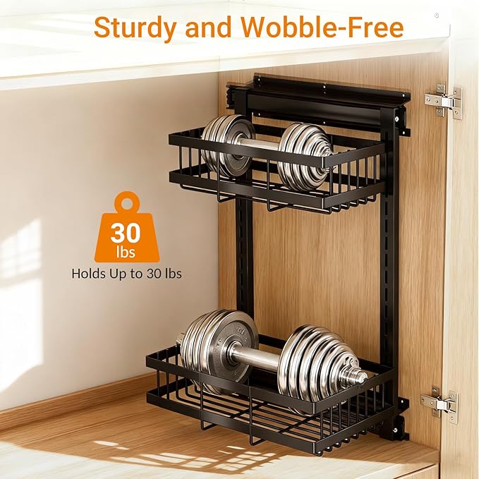 Under Sink Organizer, 2 Tier Carbon Steel Pull Out Under Cabinet Organizer - Height Adjustable Side Cabinet Mountable Slide Out Rack for Kitchen Bathroom (Medium)