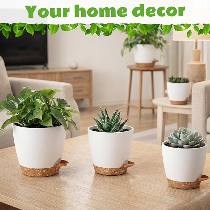 Remerry 15 Pcs 7/6.5/6/ 5.5/5 Inch Self Watering Planters with Drainage Hole Plant Pots Plastic Flower Pots Self Watering Pot and Saucer Reservoir for Garden Plant Flower (White)