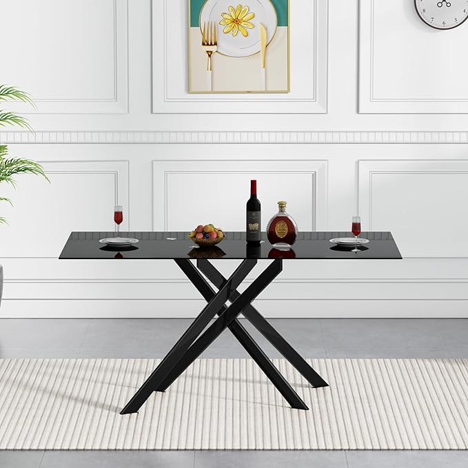 51.18" Glass Dining Table for 4-6, Dining Room Table with Black Tempered Glass and Black Metal Legs, Modern Rectangular Kitchen and Dining Room Dinner Table for Kitchen