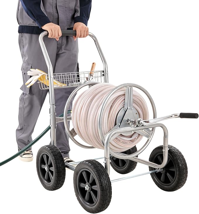 VEVOR Hose Reel Cart, Hold Up to 250 ft of 5/8’’ Hose, Garden Water Hose Carts Mobile Tools with 4 Wheels, Heavy Duty Powder-Coated Steel Outdoor Planting with Storage Basket, for Garden, Yard, Lawn