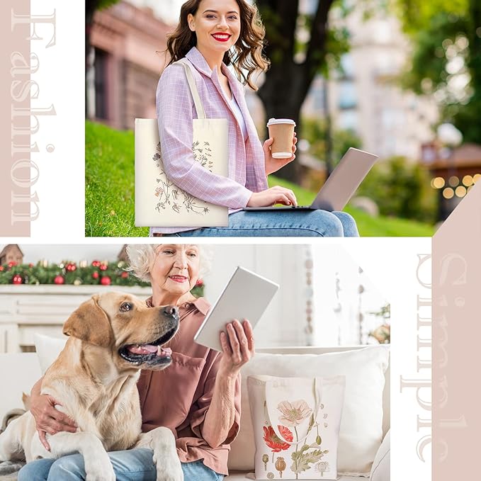 4 Pieces Floral Canvas Tote Bag for Women Book Club Gifts Cute Aesthetic Canvas Bags Bulk Flower Reusable Grocery Shopping Bag Aesthetic for Women