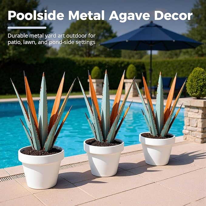 KODIBO 24” Large Metal Agave Plants Outdoor Decor, Vintage Blue Tequila Rustic Sculpture Outdoor Statues, Agave Metal Plants for Yard Garden Lawn Ornaments，Artisan Metal Agave Landscape Decor