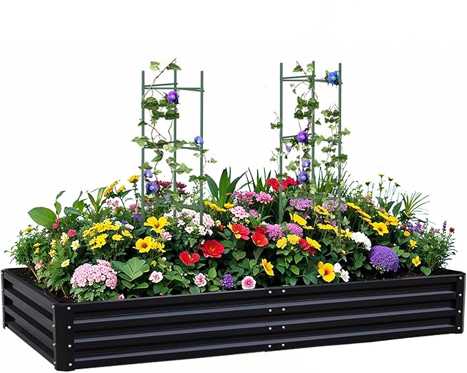 Metal Raised Garden Bed 8x4x1Ft Outdoor Large Metal Galvanized Planter Boxes Kit for Vegetables, Flowers, and Herbs,Garden Beds with 2Pcs Tomato Cage 1Pc Gloves,Black