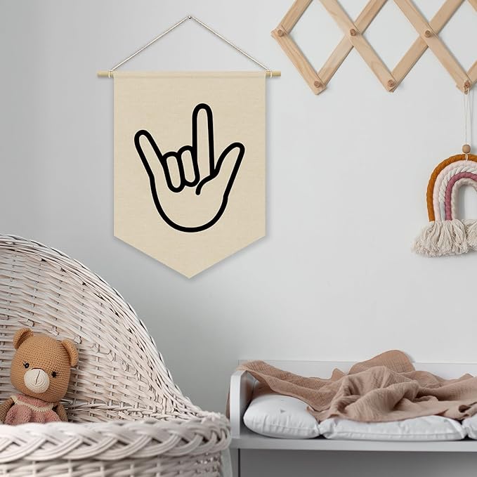 Kids Room Decor, Boy Nursery Linen Canvas Banner, I Love You Hand Sign Neutral Wall Hanging Pennant Flag Banner for Boys Kids Toddler Room Bedroom Playroom Decor, 15x11in
