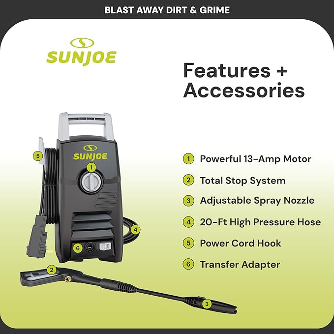 Sun Joe Electric Pressure Washer with Powerful Motor for Cars/Fences/Patios/All Uses, Safety First GFCI Power Cord, Adjustable Spray Wand & Total Stop System, 20-Foot Hose, Black, SPX205E-XT