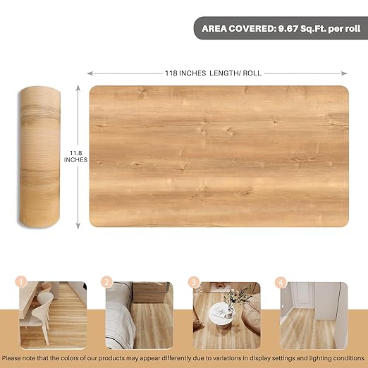 Wood Grain Peel and Stick Floor Tiles – 11.8” Width, Full Roll Length of 118" –