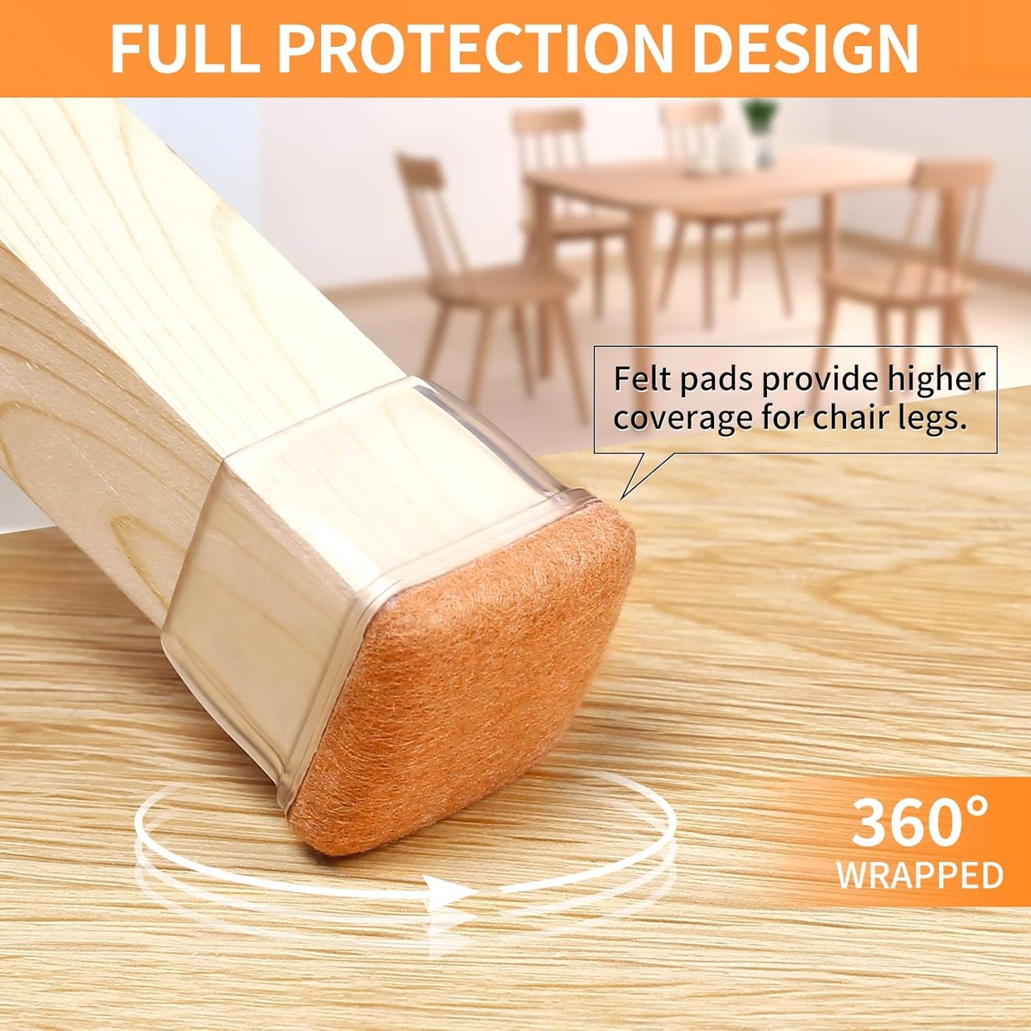 Ezprotekt 24 Pcs XL Square Clear Chair Leg Floor Protectors, Silicone Felt Furniture Pads Caps for Hardwood Floor, Dining Table Bar Stool Leg Protectors Leg Cups Covers (XL Fit: 1.5"-2")