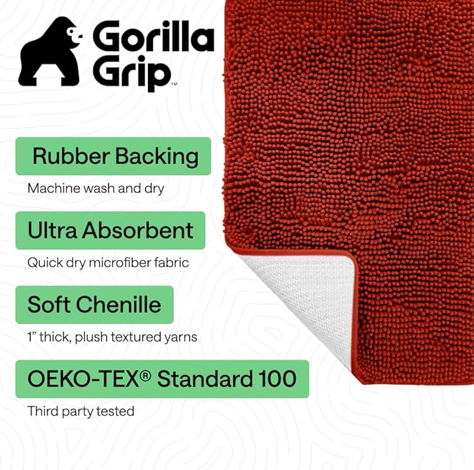 GORILLA GRIP Bath Rug Mat, Thick Soft Absorbent Chenille, Quick Dry Microfiber Mats, Rubber Backing Washable Shower Floor Rugs, US Designed Bathroom Bathmat Home Accessories, 24x17, Sunset Orange