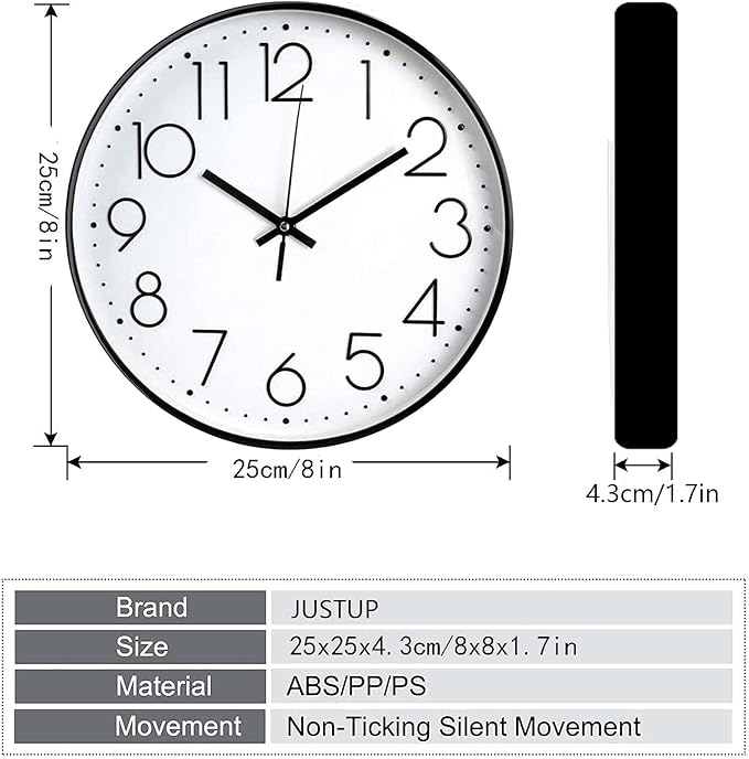 JUSTUP 8in Non-Ticking Wall Clock, Silent Battery Operated Wall Clock