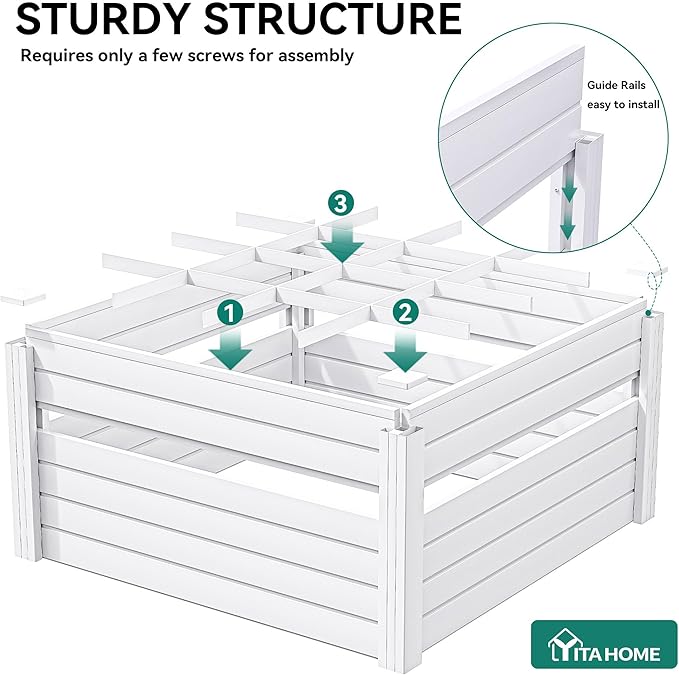 YITAHOME 48x48x24 in Plastic Raised Garden Bed 2pcs with Growth Grid, Large Outdoor Vinyl Planter Box for Plants, Vegetables, and Flowers, Easy Installation, White