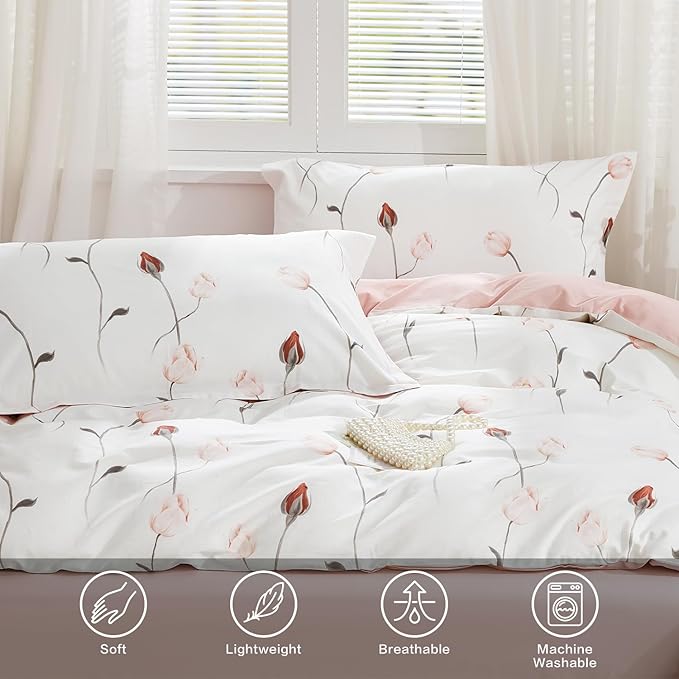 SAPHREAS Rose Duvet Cover Set 2pcs Twin Size Pink Red Floral Bedding Comforter Cover Set 100% Cotton 1 Duvet Cover 68"x90" 1 Pillow Sham, Comforter Not Included