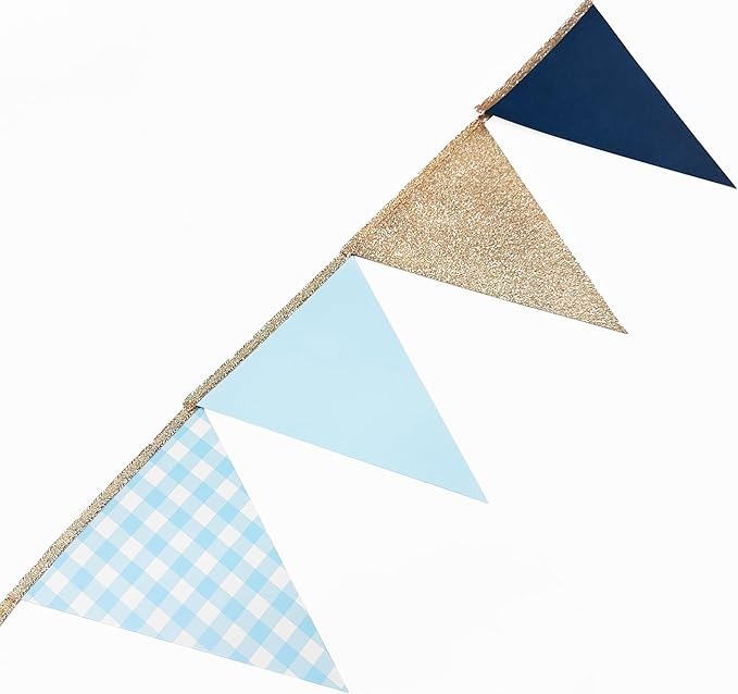 Navy Blue Champagne Gold Dusty Blue Buffalo Plaid Pennant Banner Flag Hanging Glitter Paper Triangle Bunting for Birthday Baby Shower Wedding Bachelor Retirement Nautical Party Decorations Supplies