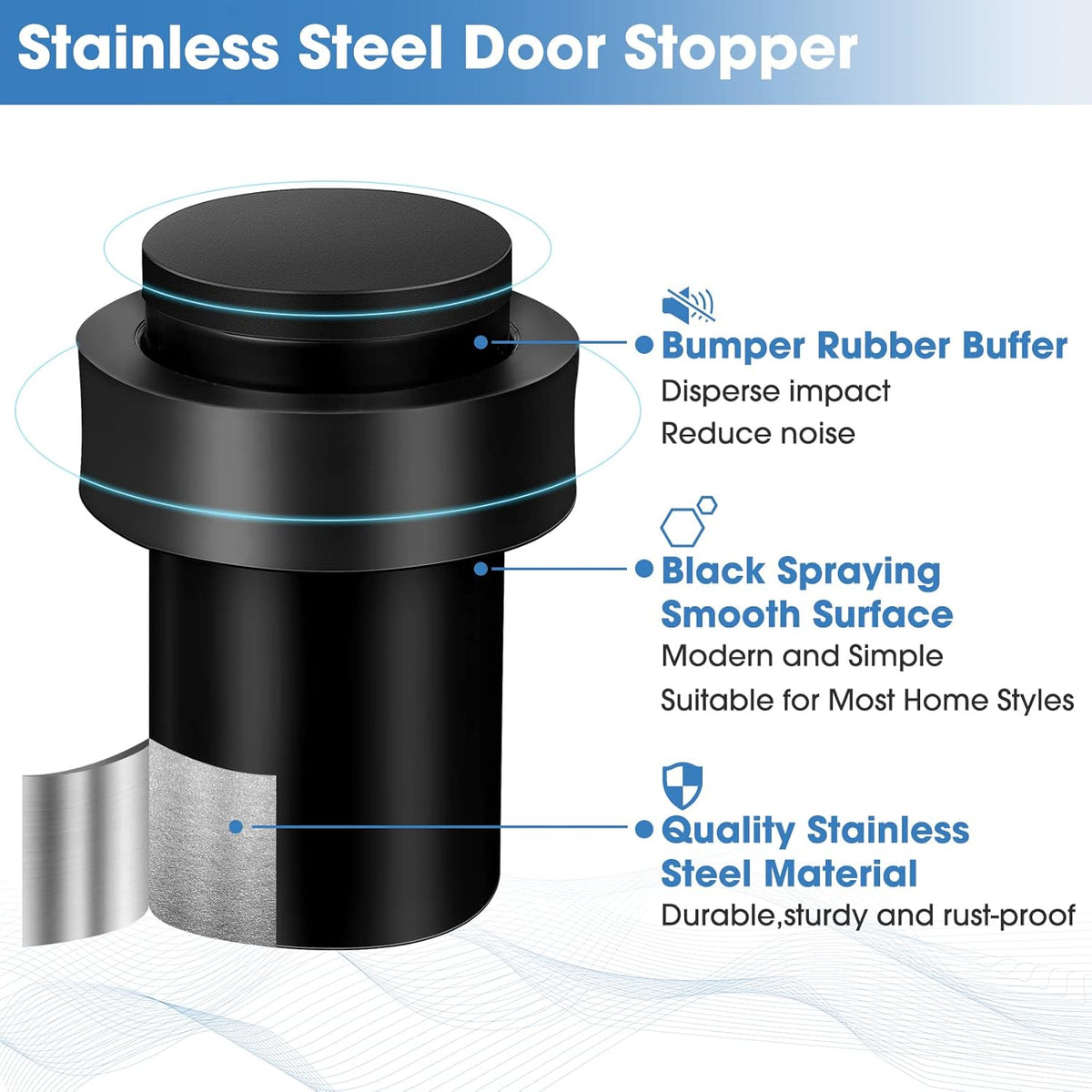 Chumia 6 Pcs Door Stopper Mounted Floor Stops Stainless Steel Cylindrical Stopper Modern Decorative Rubber Bumper Stops Holder Wall Protector for Bottom or Top of Door (Black)