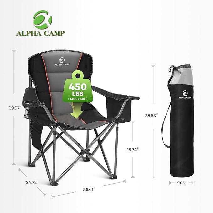ALPHA CAMP Heavy Duty Camping Chair 500LBS Capacity, Oversized Folding Chair for Heavy People, Padded Portable Outdoor Chair with Cooler Bag & Cup Holder for Camping, Fishing, Beach