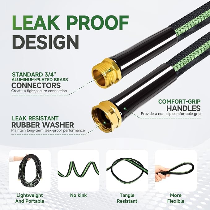 Garden Hose 100 ft Flexible Water Hoses Non-Expanding Lightweight Portable No Kink High Pressure Flat Fabric 3/4” fittings Leak-proof Durable Pipe for Outdoor Outside Yard Lawn Patio Watering Car Wash